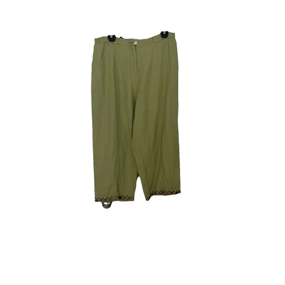 JM Collection Pants Size 16 100% Linen Green Beaded Embellished Leg Hem Pockets